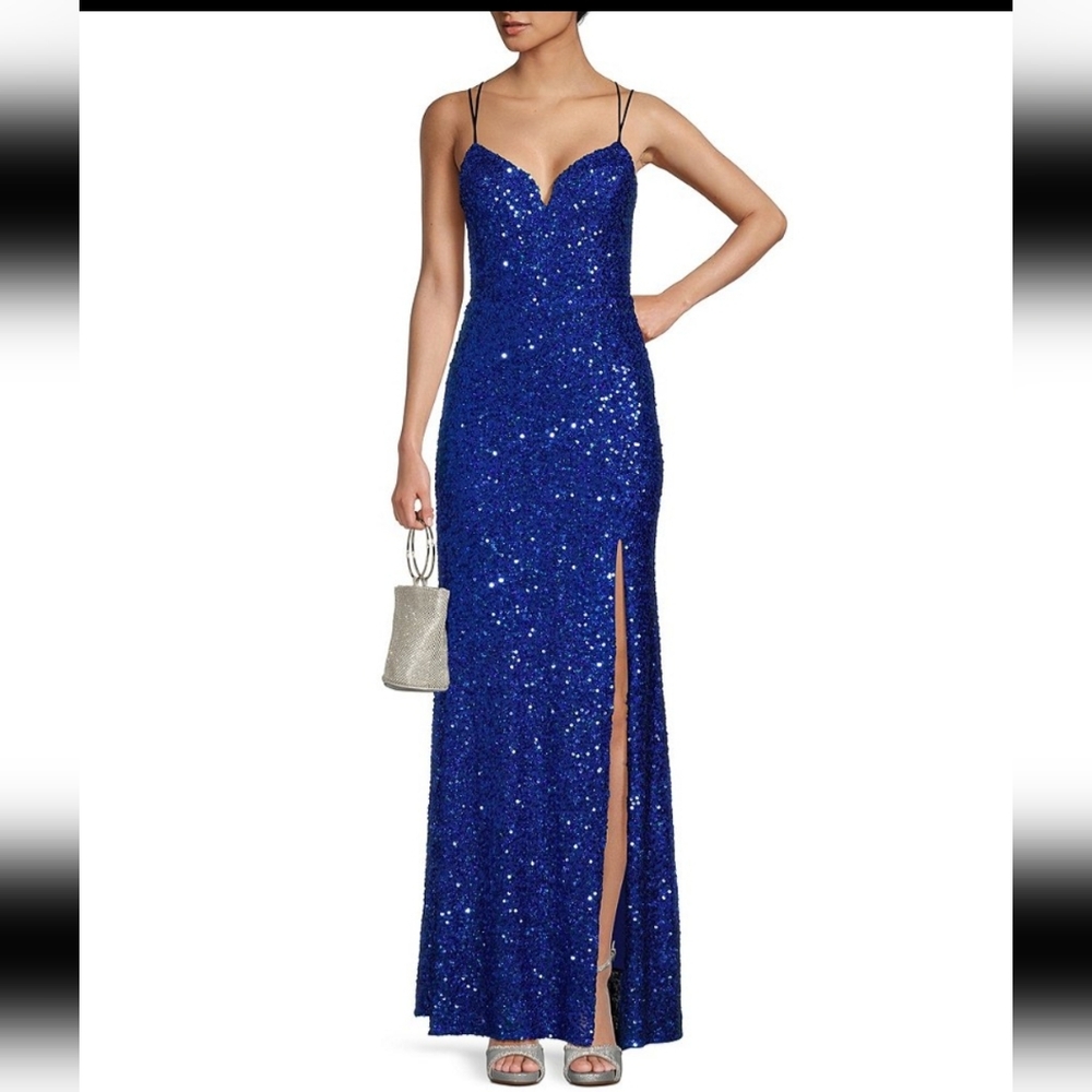 B Darlin Sequin Mesh Spaghetti Strap Slit Lace Up Prom Dress Size 0